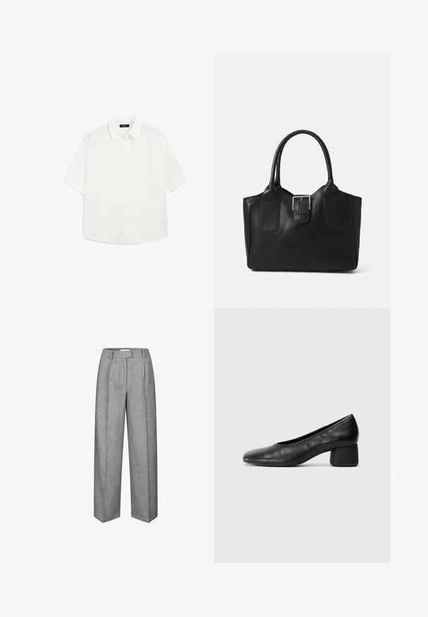 White short-sleeve shirt made of lightweight fabric, featuring a classic collar, button closure, and a rounded hem with subtle texture.; Gray wool trousers with a wide-leg design, featuring pleats, a high waist, and a textured fabric. Tailored fit with a smooth finish.; Black leather pump with a rounded toe and mid-block heel. Smooth texture with minimal detailing, featuring a subtle elastic opening.; Black leather tote bag with smooth texture, structured shape, two handles, and a prominent silver buckle detail on the front.