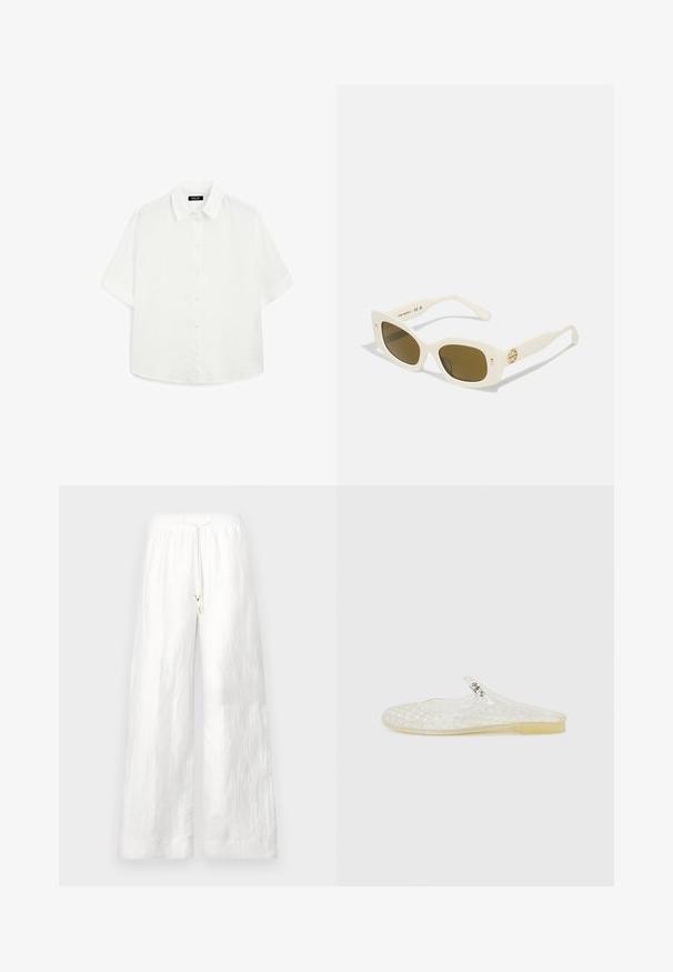 Witte korte mouwen shirt van lichtgewicht stof, met een klassieke kraag, knoopsluiting en een afgeronde zoom met subtiele textuur.; Witte linnen wijde broek met een elastische tailleband en een trekkoord. Beschikt over een gladde textuur en een ruime pasvorm. Geen zichtbare zakken.; Duidelijke kunststof instapschoen met een rasterpatroon, ronde neus en een kleine zilveren accent op de band. Flexibele zool in een doorzichtige kleur.; Witte kunststof zonnebril met een rechthoekig montuur, bruine glazen en een gouden accent op de tempel. Soepele textuur en modern ontwerp.; Donkerbruine leren schoudertas met twee stevige handvatten, een samengeknepen bovenkant en een goudkleurige knoopsluiting. Gestructureerd oppervlak met minimale accenten.