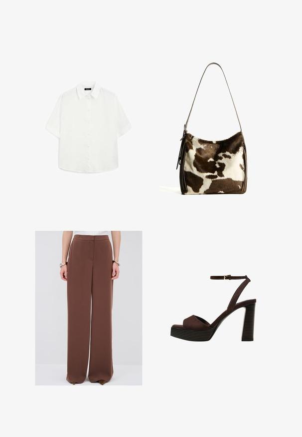 Witte korte mouwen shirt van lichtgewicht stof, met een klassieke kraag, knoopsluiting en een afgeronde zoom met subtiele textuur.; Bruine wijde broek van een gladde stof. Heeft een op maat gemaakte taille en geen zichtbare zakken, met een schone, vloeiende silhoutte.; Bruine suède high-heeled sandaal met een open teen, verstelbare enkelband en een gestreepte plateauzool.; Bruine en crèmekleurige koeienhuid schoudertas met een gladde leren band, ritssluiting en een zachte, tekstuursurface met een natuurlijk patroon.