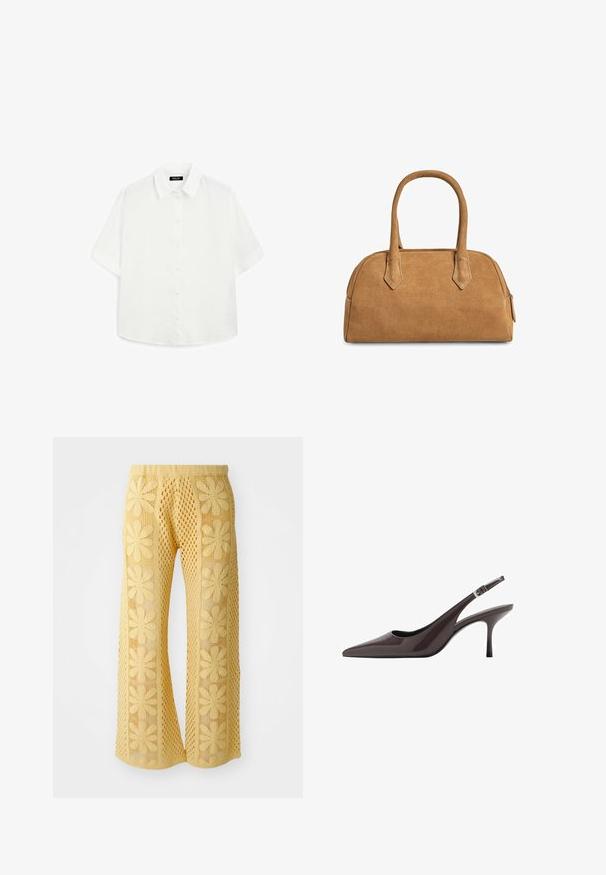Vit kortärmad skjorta i lättviktigt tyg, med klassisk krage, knappstängning och rundad nederkant med subtila texturer.; Gula virkade byxor med ett blommönster, vid passform och resårmidja med en texturerad öppen stickad design.; Spetsig tå slingback-klackar i mörkbrunt lackskinn, med en smal hög klack och en justerbar vristrem med spänne.; Tan mockasinsväska med en strukturerad form, som har två handtag, triangulära utskärningar och en dragkedja längst upp för stängning.