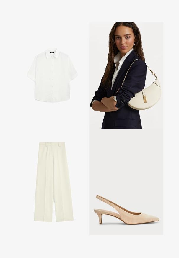 White short-sleeve shirt made of lightweight fabric, featuring a classic collar, button closure, and a rounded hem with subtle texture.; Wide-leg trousers in off-white fabric, featuring a smooth texture, front pleats, and a straight cut from waist to hem.; Lauren Ralph Lauren LOLAH II SUEDE SLINGBACK PUMP - Classic heels - sand dune; White leather handbag with a curved shape, gold hardware, and a textured finish, worn over a dark blazer and white shirt.