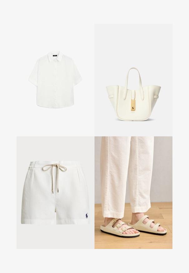 Bílá krátká košile vyrobená z lehké tkaniny, s klasickým límcem, zapínáním na knoflíky a zaobleným lemem s jemnou texturou.; Bílé lněné šortky s elastickým pasem, béžovou šňůrkou a malým námořnickým logem na levé straně. Mají volný střih a postranní kapsy.; Světlé béžové sandály s třemi nastavitelnými popruhy a metalickými sponami, s polstrovanou stélkou a černou gumovou podrážkou.; Bílá kožená taška přes rameno se strukturovaným tvarem, výrazným prošitím, zlatým kovovým štítkem a dvojitými uchy. Texturovaný povrch s bočními kapsami.