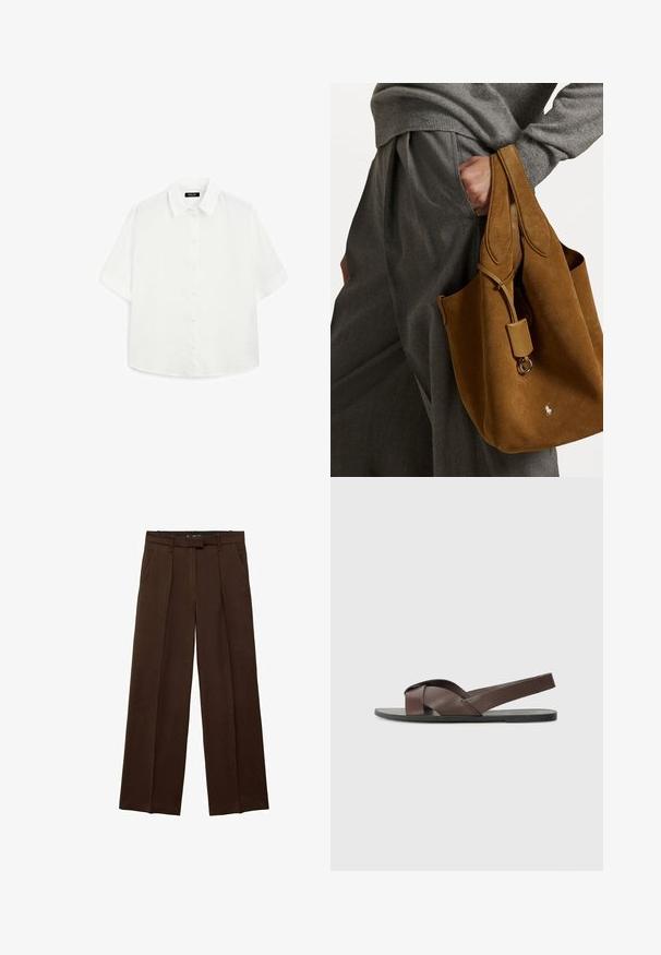 Biała koszula z krótkim rękawem, wykonana z lekkiego materiału, z klasycznym kołnierzykiem, zapięciem na guziki i zaokrąglonym dołem o delikatnej fakturze.; Brązowe spodnie o szerokich nogawkach z gładką teksturą, z przodu z zakładkami i bocznymi kieszeniami. Płaski fason pasa z ukrytym zapięciem.; Brązowe skórzane sandały z krzyżowym paskiem, płaską czarną podeszwą oraz regulowanym tylnym paskiem. Gładka faktura i minimalna ilość detali metalowych.; Brązowa torebka typu tote z zaokrąglonym kształtem, podwójnymi uchwytami i metalowym akcentem. Z przodu znajduje się małe logo.