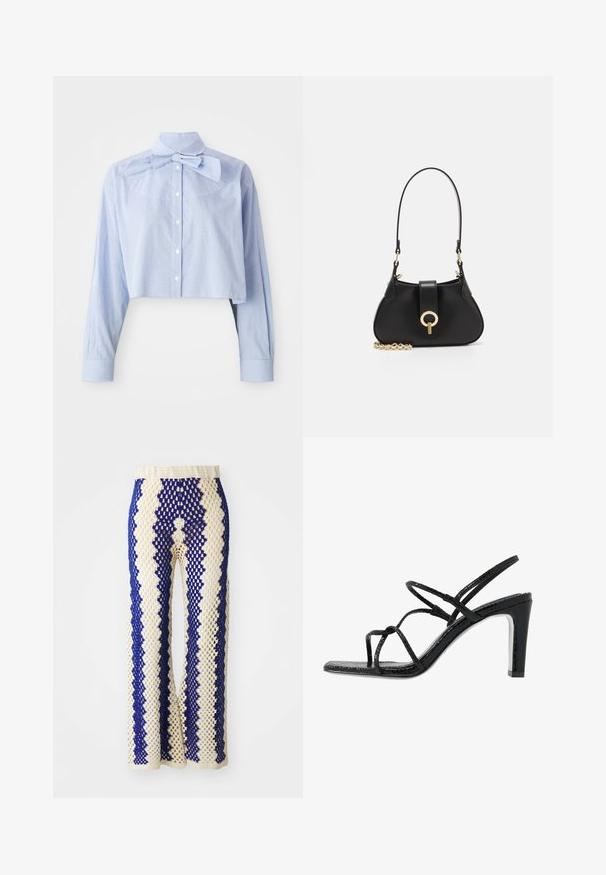Bluză scurtă din bumbac cu carouri mici albastre și albe, cu mâneci lungi, închidere cu nasturi, guler înalt și un detaliu mare sub formă de fundă.; Pantaloni largi croșetați în crem și bleumarin, cu un model geometric, talie elastică și textură de dantelă pe întreaga suprafață.; Sandale negre cu toc, cu barete subțiri, finisaj texturat, vârful deschis și un design elegant al tocului ascuțit. Au o talpă interioară netedă și o suprafață strălucitoare.; sandro JANET - Geantă de mână - noir