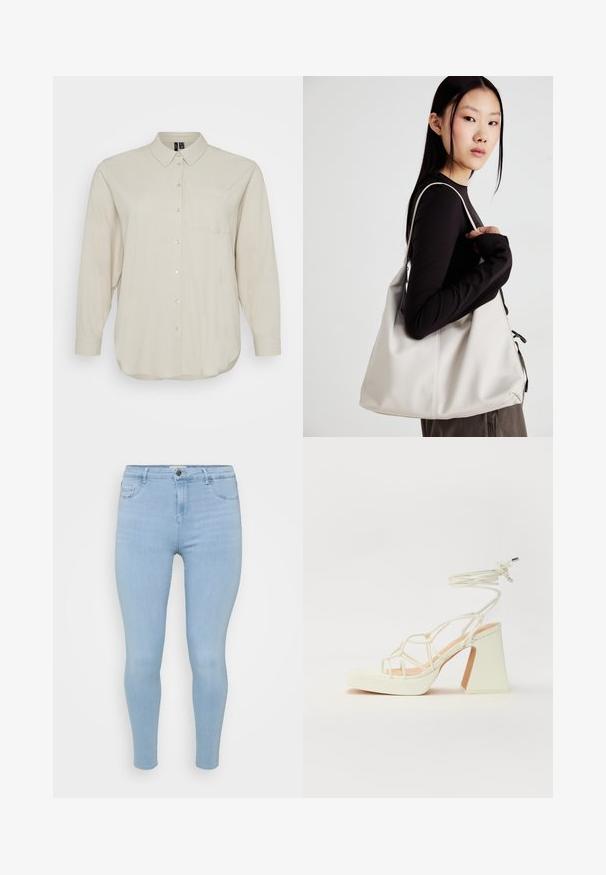 Ljusbeige långärmad skjorta i mjukt tyg, med knappstängning framtill, klassisk krage och en bröstficka. Slät textur.; Ljusblå skinny jeans i denim, med knappstängning, fem fickor och en slät, något bleknad yta.; Vit högklackad sandal med en kraftig klack, med ett remdesign och ankelband. Slät textur med en plattform framtill för ökad höjd.; Beige handväska tillverkad av mjukt material, med en avslappnad design, sydda detaljer och två axelremmar. Lämplig för dagligt bruk.