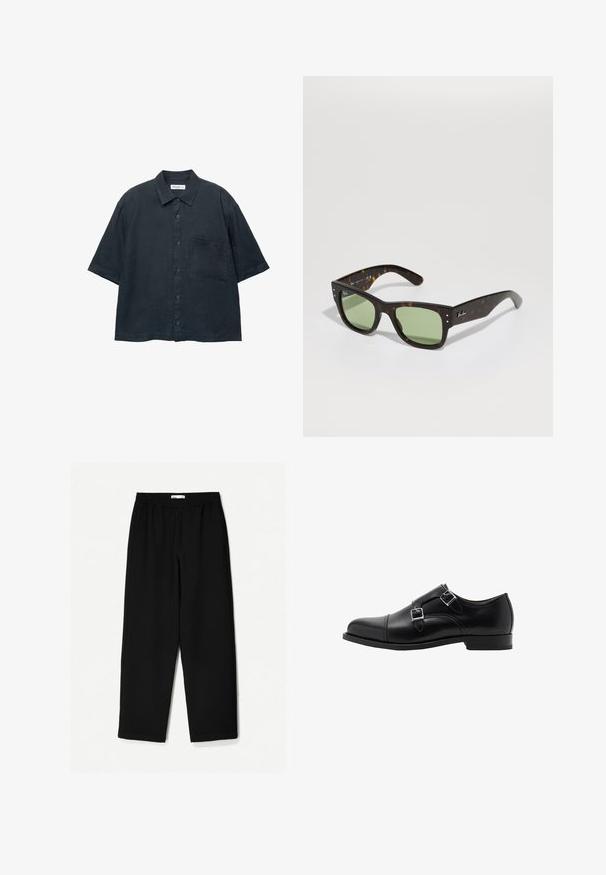 Tamno plava košulja kratkih rukava na dugmad od lagane tkanine, s džepom na prsima i klasičnim dizajnom ovratnika.; Crne hlače širokih nogavica izrađene od laganog materijala. Imaju elastičnu traku u struku i glatku teksturu. Nema vidljivih uzoraka niti hardvera.; Crne kožne cipele s dvostrukim monkom i zaobljenim vrhom te srebrnim kopčama. Glatka textura i ravni potplat pružaju stabilnost.; Smeđe kornjačaste sunčane naočale s zelenim lećama, kvadratnog oblika i metalnim detaljima. Imaju logo na lijevom sljepoočnici. Matte završna obrada.