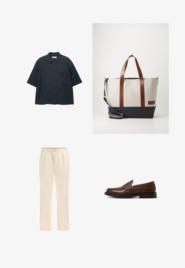 Ciemnoniebieska koszula na krótki rękaw zapinana na guziki, wykonana z lekkiego materiału, z kieszonką na piersi i klasycznym wzorem kołnierzyka.; Beżowe dresy wykonane z miękkiego materiału, z elastycznym pasem, sznurkiem i bocznymi kieszeniami. Prosty krój nogawek z gładką fakturą.; Brązowe skórzane mokasyny z zaokrąglonym noskiem, wstawianymi detalami szwów i niskim, warstwowym obcasem. Gładka faktura i minimalistyczny design.; Torba płócienna z brązowymi skórzanymi uchwytami i granatowym dnem. Posiada regulowany pasek i metkę z logo po boku.