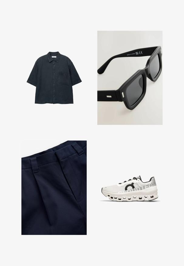 Camicia a maniche corte di colore blu scuro, realizzata in tessuto leggero, con taschino sul petto e colletto classico.; Pantaloni a pieghe blu navy realizzati in un tessuto liscio e testurizzato. Presentano una vita piatta e passanti per cintura, progettati per comfort e vestibilità.; Scarpa da corsa bianca con tomaia in rete, accenti neri, suola ammortizzante con tagli esagonali e marchio "CLOUDTEC".; Occhiali da sole neri rettangolari con finitura opaca, lenti scure e dettagli argentati sulle tempie. Presentano un design con montatura spessa e una texture liscia.