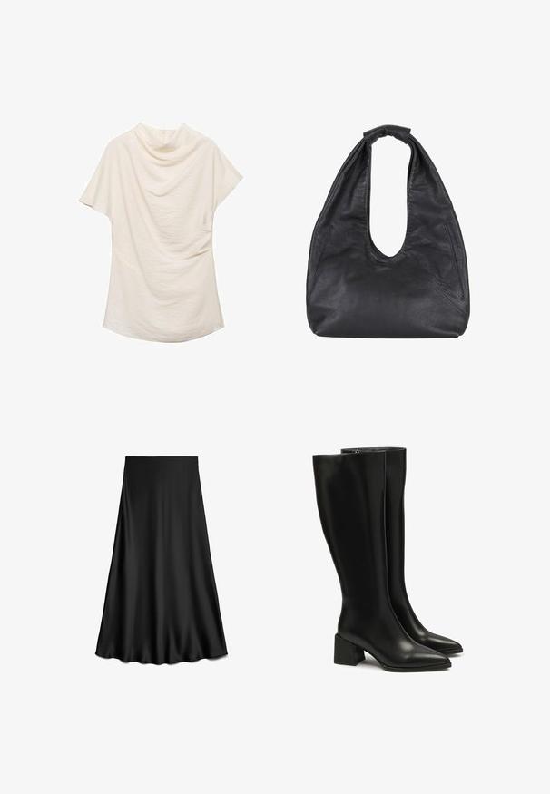 Krémový top s krátkym rukávom a oválnym dekoltom, s textúrovanou tkaninou a voľným strihom, ideálny na bežné alebo vrstvené outfity.; Čierna, saténová sukňa áčkového strihu s hladkou textúrou, dĺžka po kolená, s jednoduchým, čistým dizajnom bez ozdôb alebo vzorov.; Čierne kožené vysoké čižmy po kolená s špicatou špičkou a robustným blokovým podpätkom. Hladká textúra, minimálne šitie a jednoduchý zips.; Čierna kožená hobo taška so sklopeným tvarom, veľkým výrezom a dvoma bočnými vreckami. Mäkka textúra a uzlový detail na popruhu.