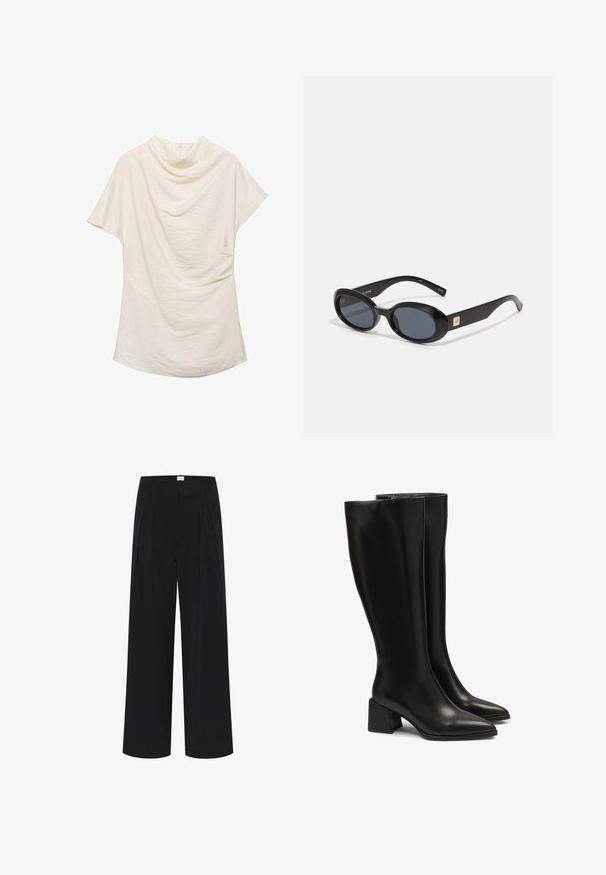 Cream-colored short-sleeve top with a draped neckline, featuring textured fabric and a loose fit, ideal for casual or layered outfits.; Black wide-leg trousers featuring a high waist, pleats, and a smooth texture. Minimalistic design with no visible patterns or hardware.; Black knee-high leather boots with a pointed toe and chunky block heel. Smooth texture, minimal stitching, and a simple zip closure detail.; Black oval sunglasses with dark lenses, glossy plastic frame, wide arms, and a small gold accent on one side.; Black leather hobo bag with a slouchy shape, large cut-out opening, and two side pockets. Soft texture and knotted strap detail.