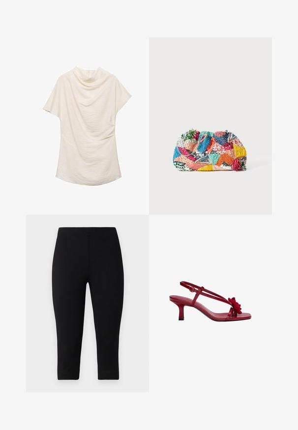 Bluză crem cu mânecă scurtă și decolteu drapat, confecționată dintr-un material texturat și cu o croială lejeră, perfectă pentru ținute casual sau stratificate.; Colanți capri negri, realizați dintr-un material elastic, cu o croială strânsă și textură netedă, fără modele sau accente vizibile.; Cizme roșii din piele cu toc slingback, cu vârf pătrat, bretele subțiri și un accent floral texturat în față. Tocul stiletto are o înălțime de aproximativ 6,5 cm.; Plică țesută colorată, cu diverse modele în roz, albastru, verde și galben, cu elemente texturate și accente decorative.