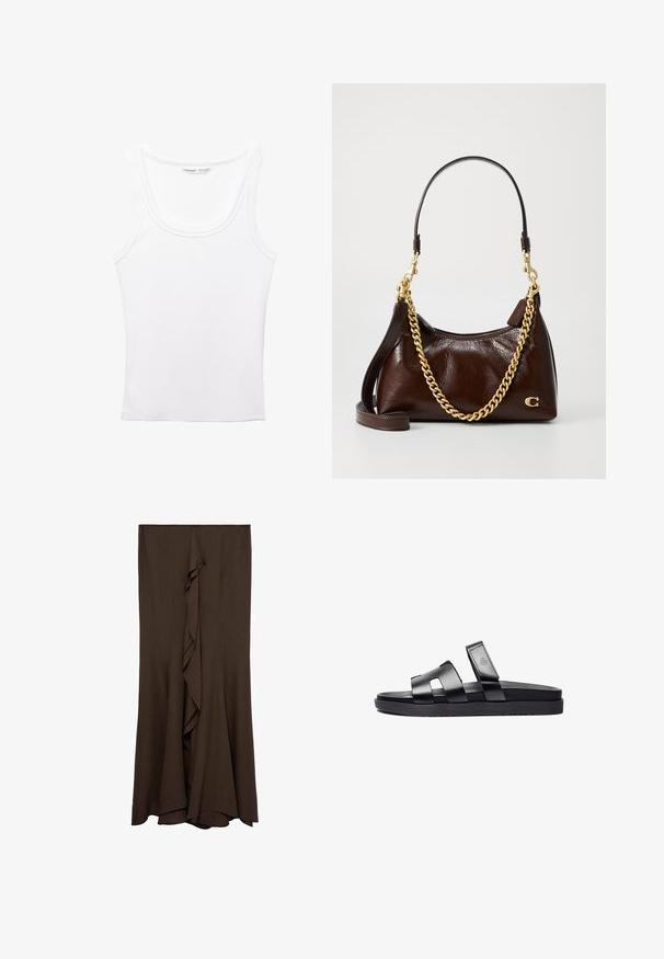 PULL&BEAR Top - white; Brown, floor-length skirt made of soft fabric with a central ruffle detail, featuring a clean, simple design and smooth texture.; Black slide sandals featuring two wide, flat straps with cut-out details and a textured footbed, set on a black, smooth sole.; Brown leather handbag with a textured finish, gold chain strap, and a short handle, featuring a logo accent on the side.
