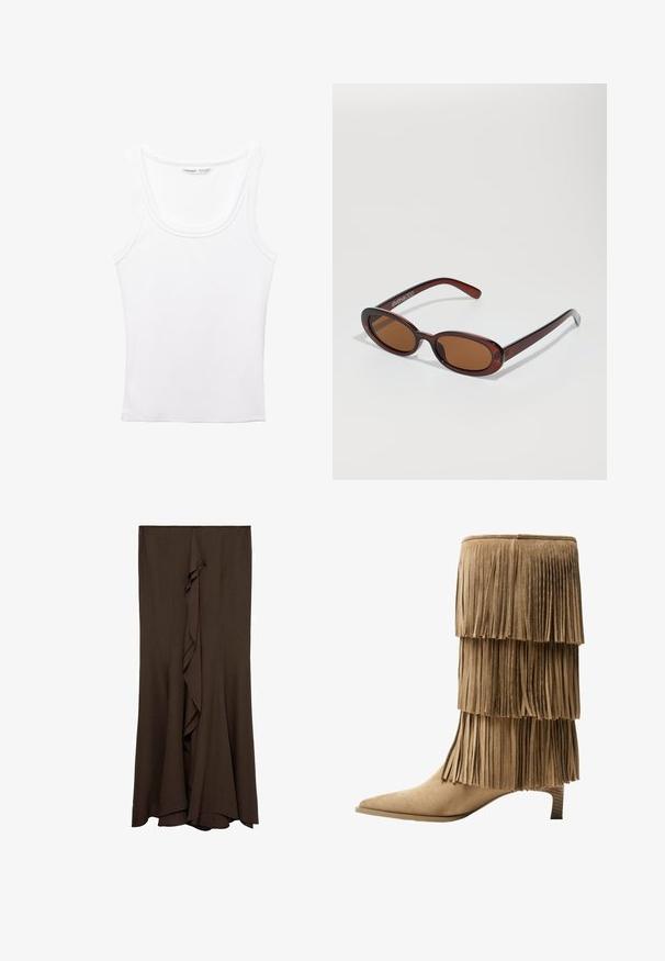 PULL&BEAR Top - white; Bruine, vloerlange rok gemaakt van zachte stof met een centraal rimpeldetail, met een schone, eenvoudige ontwerp en een gladde textuur.; Franje enkellaars in tan suède met drie gelaagde franjes. V pointed toe en een lage blokhak. Gladde textuur overal.; Ronde, bruin getinte zonnebril met een glanzend bordeauxrood frame. Slanke pootjes met subtiele merkdetails. Vlakke lensontwerp.; Bruine leren handtas met een gestructureerde afwerking, gouden kettingband, en een kort handvat, met een logo-accent aan de zijkant.; Een stapel van twee ringen; de bovenste is amberkleurig met krommingen, en de onderste is lichtbeige; beide zijn glad en glanzend van hars.