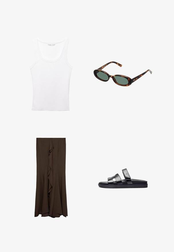 PULL&BEAR Top - white; Brown, floor-length skirt made of soft fabric with a central ruffle detail, featuring a clean, simple design and smooth texture.; Black slide sandals featuring two wide, flat straps with cut-out details and a textured footbed, set on a black, smooth sole.; Tortoiseshell sunglasses with oval frames and green lenses. Features thin arms with a metallic accent near the hinges.