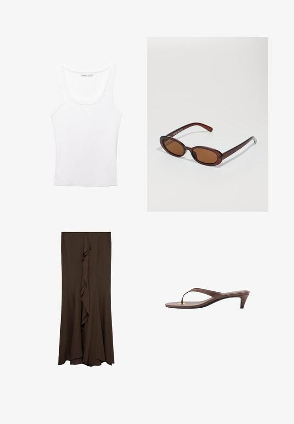 PULL&BEAR Top - white; Hnedá sukňa po zem vyrobená z jemného materiálu s centrálnym volánom, ktorá má čistý, jednoduchý dizajn a hladkú textúru.; Hnedá platformová žabková sandála s úzkym remienkom a zaobleným prstom, s malým zlatým akcentom na podrážke.; Okrúhle slnečné okuliare s hnedým nádychom a lesklým burgundským rámom. Úzke ramená s jemným brandovaním. Plochej šošovky dizajn.; Hnedá kožená kabelka s textúrovaným povrchom, zlatým reťazovým popruhom a krátkou rúčkou, ktorá má na boku akcent s logom.
