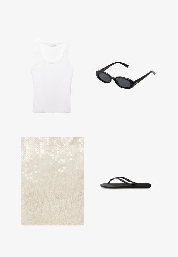 PULL&BEAR Débardeur - white; Tissu en tricot beige avec des paillettes blanches dispersées, créant un motif texturé. Les paillettes reflètent la lumière, ajoutant un éclat subtil.; Tongs noires avec une semelle en caoutchouc texturée, deux fines lanières et un détail de logo embossé subtil sur la lanière.; Lunettes de soleil noires surdimensionnées avec des verres ovoïdes, monture en plastique lisse et accents dorés sur les tempes. Les verres sombres offrent une protection contre le soleil.