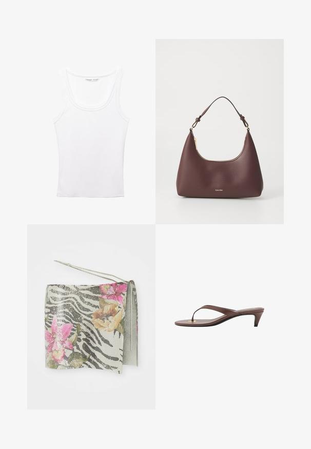 PULL&BEAR Top - white; Clutch con motivo zebra in rete metallica, impreziosito da accenti floreali rosa e arancione. Include una tracolla in argento e un dettaglio a frangia.; Infradito con tacco marroni, dotati di una fascia sottile e un puntale arrotondato, con un piccolo dettaglio dorato sulla soletta.; Borsa bordeaux con silhouette curva e manico corto, dotata di una zip dorata e di un logo Calvin Klein discreto sul davanti.