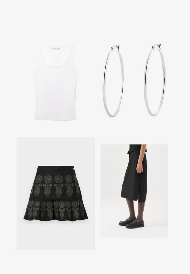 PULL&BEAR Linne - white; Svart kjol med blommig broderi i mörkgrått. Har en utsvängd fåll och ett strukturerat midjeband med metallknäppning.; Svart knälång kjol med sidoklyv, kombinerad med svarta loafers och genomskinliga bruna strumpbyxor, med en slät textil och enkel design.; Silverörhängen med en slät, polerad yta och en tunn, cirkulär form. Designen har en säker låsning.