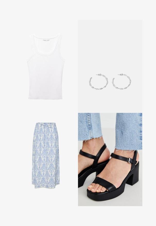 PULL&BEAR Top - white; Gonna bianca con motivo floreale blu, caratterizzata da pieghe e un bordo in pizzo lungo l'orlo. Realizzata in tessuto leggero, con una vita con lacci.; ALDO CELIE - Sandali con tacco - black; Orecchini a cerchio in argento con un design torciglionato, caratterizzati da una finitura lucida e chiusura a perno. Misurano circa 3 cm di diametro.