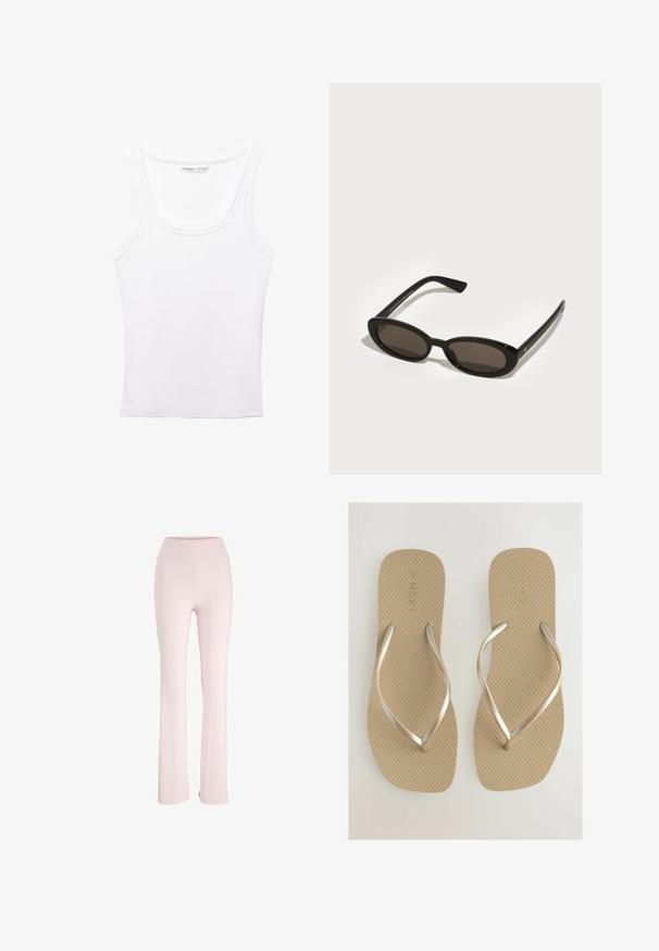 PULL&BEAR Top - white; Pantaloni evazați de culoare roz pal, confecționați dintr-un material moale și elastic, cu un talie înaltă și fără modele sau accesorii vizibile.; Șlapi bej cu talpă texturată și curele metalice argintii. Design simplu, cu o talpă plată și largă pentru confort.; Ochelari de soare negri cu lentile ovale, semi-rimless. Rame lucioase și brațe elegante. Lentile de culoare închisă cu detalii hardware minime.; Geantă hobo din piele neagră, cu un design lejer, curea lată pentru umăr și textură netedă. Prezintă un singur închidere cu fermoar pe lateral.