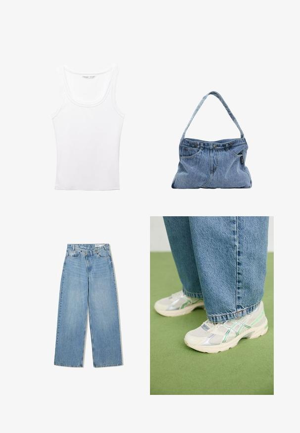 PULL&BEAR Linne - white; Ljusblå vida jeans i denim, med hög midja, fem fickor, knappstängning och subtil blekning för textur.; Vita och silverfärgade nät-sneakers med gröna detaljer, som bärs med lösa blå jeans, står på en grön heltäckningsmatta.; Denimaxelväska med en böjd rem, två frampocket och en knäppt topp, med ljusblått tyg och kontrasterande sömdetaljer.; Silverhänge med en slät, polerad yta. Har en unik oval form och en säker låsdesign. Märkt "925" för sterlingsilver.