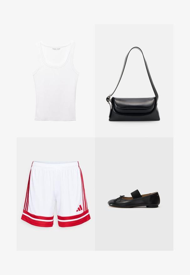 PULL&BEAR Top - white; Shorts sportivi bianchi con strisce e rifiniture rosse ai lati. Presentano una vita elasticizzata e il logo Adidas in rosso in basso a sinistra.; Ballerine in pelle nera con punta arrotondata, un piccolo dettaglio a nodo e una fascia elastica sopra il piede per una calzata sicura. Suola piatta.; Borsa a tracolla nera in pelle con una forma strutturata, una texture liscia e una singola tracolla. Presenta un design a patta arrotondata e discreta.