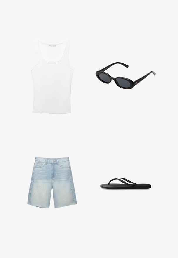 PULL&BEAR Toppi - white; Vaaleansiniset farkkushortsit suoralla leikkauksella, joissa on niittikoristeet sivusaumojen varrella ja hapsutettu helma. Kaksi etutaskua näkyvissä.; Mustat flip-flopit, joissa on röpelöinen kumipohja, kaksi hoikkaa remmiä ja hillitty, kohokuvioitu logotyyli remmissä.; Mustat ylisuuruiset aurinkolasit, jotka ovat soikeat linssit, sileä muovikehys ja kultaiset korostukset temppeleissä. Tummat linssit tarjoavat suojaa auringolta.