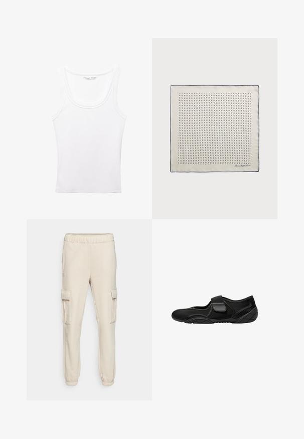 PULL&BEAR - Top; Beżowe spodnie cargo wykonane z miękkiego materiału, z elastycznym pasem, dwoma bocznymi kieszeniami oraz ściągaczami przy kostkach.; Czarny but z tekstylnym wierzchem i siateczkowymi panelami, z zapięciem na rzep. Podeszwa ma teksturowany wzór zapewniający przyczepność.; Jedwabny szalik w kremowym kolorze z granatową ramką, ozdobiony równomiernie rozmieszczonymi granatowymi kropkami tworzącymi wzór. Sygnatura nadrukowana w rogu.; Zielona torebka na ramię z sztucznej skóry o zakrzywionym kształcie, z regulowanym paskiem i gładką teksturą. Posiada otwór górny oraz minimalne detale przeszycia.