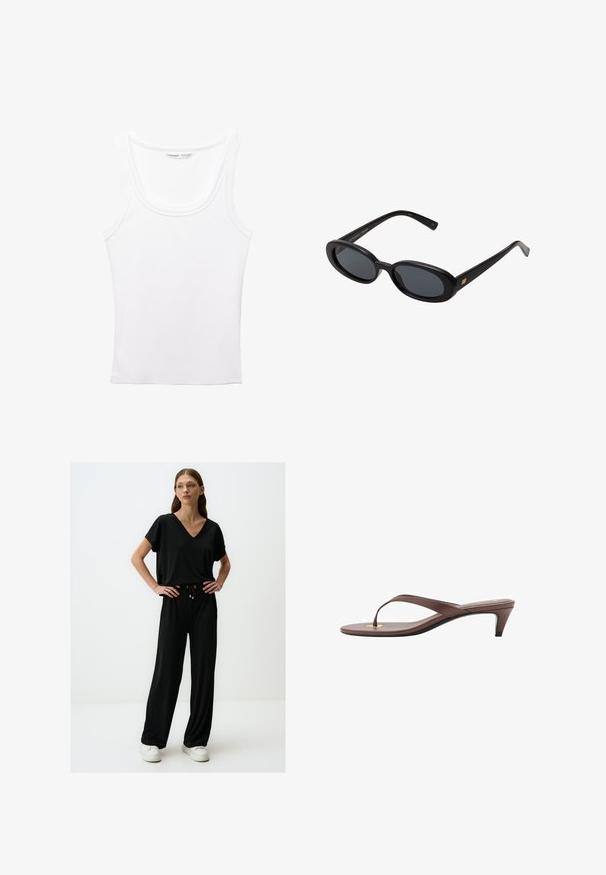 PULL&BEAR Top - white; Schwarz Zweiteiler-Outfit bestehend aus einem kurzärmeligen V-Ausschnitt-Oberteil und weiteren Hosen mit elastischem Bund und Kordelzugdetail. Weicher Stoff.; Braune, mit Absatz versehene Flip-Flop-Sandale mit einem schmalen Riemen und abgerundetem Zehensteg, der ein kleines goldfarbenes Akzent auf dem Fußbett aufweist.; Schwarze, oversized Sonnenbrillen mit ovalen Gläsern, glattem Kunststoffrahmen und goldenen Akzenten an den Bügeln. Die dunklen Gläser bieten Sonnenschutz.