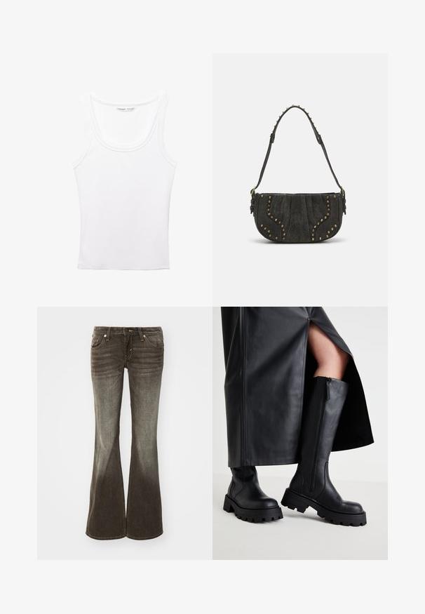 PULL&BEAR Top - white; Ausgestellte Jeans aus dunkelgrauem Stoff mit einem verwaschenen Finish. Verfügt über fünf Taschen, Frontknopfverschluss und subtile Nähte.; Schwarze knielange Stiefel mit einer dicken Sohle, glatter Ledertextur, seitlichem Reißverschluss und minimalistischer Gestaltung, kombiniert mit einem schwarzen Rock mit Schlitz.; Schwarze Wildleder-Handtasche mit gewölbtem Design, verziert mit Nietenakzenten und einer strukturierten Oberfläche. Verstellbarer Tragegurt mit Nieten entlang des Randes.; Silberne Metallkette mit dicken, ineinandergreifenden Gliedern, polierter Oberfläche und einem kleinen Verschluss mit Markenlogo.