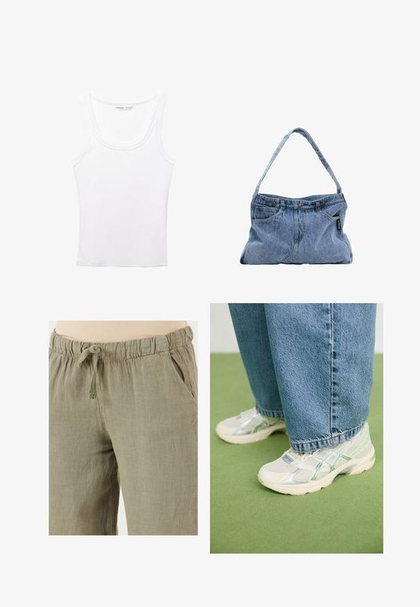 PULL&BEAR Top - white; Lys olivengrønne linnedbukser med elastisk talje og snøre; har sidelommer og en afslappet pasform.; Hvide og sølvfarvede mesh sneakers med grønne accenter, båret med løse blå jeans, stående på et grønt tæppe.; Denim skuldertaske med en buet rem, to forlommer og en knaplukning, der har lyseblåt stof og kontrasterende syninger.