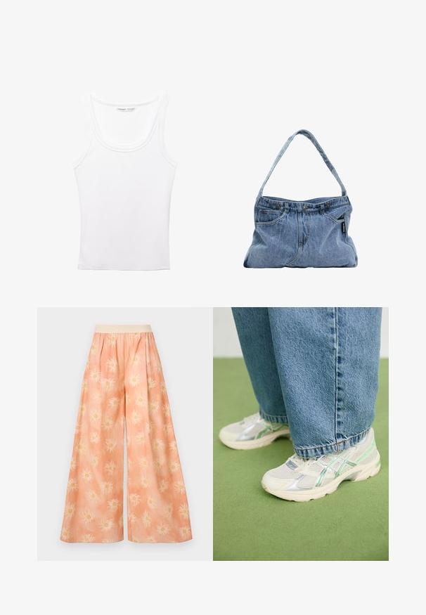 PULL&BEAR Toppi - white; Housut leveillä lahkeilla vaaleanpersikkaisesta kankaasta, jossa on valkoisia auringon kuvioita keltaisilla keskiosilla, joustava vyötärö ja pehmeä tekstuuri.; Valkoiset ja hopeiset verkkomatskivat kengät vihreillä yksityiskohdilla, jotka on yhdistetty väljien sinisten farkkujen kanssa ja jotka seisovat vihreällä matolla.; Denim-olalla, jossa on kaareva hihna, kaksi etutaskua ja nappikiinnitys, sisältäen vaaleansinistä kangasta ja kontrastoivia ompelutietoja.