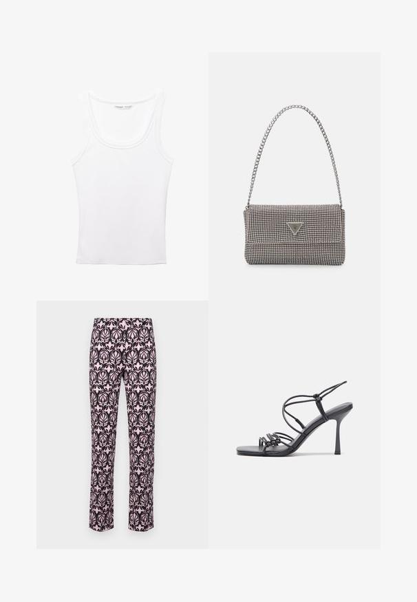 PULL&BEAR Top - white; Patterned trousers with a floral design in pink on a dark background. Features include a straight fit and a smooth fabric texture.; Black high-heeled sandals feature thin straps with a knotted design, a smooth square toe, and a sleek stiletto heel.; Light gray metallic handbag featuring a chain strap, embellished with small circular metallic studs and a triangular brand logo.; Silver hoop earrings with a smooth, shiny finish. Rounded shape, lightweight design, featuring a post-back closure.
