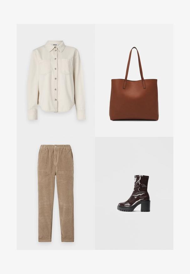 Beige Denimhemd mit langen Ärmeln, Knopfleiste, zwei Brusttaschen und klassischem Kragen. Weiche Textur mit abgerundetem Saum.; Braune Cord-Hosen mit elastischem Bund, flachen Fronttaschen und geradem Bein. Weiche Textur und geripptes Muster.; Glatte bordeauxrote Ankle Boots mit einem klobigen schwarzen Absatz, die eine glatte Oberfläche und ein einfaches Design aufweisen. Keine sichtbaren Verschlüsse oder Muster.; Braune Leder-Tote mit glatter Textur, offenem Oberteil und zwei Schulterriemen. Verfügt über minimale Nähte und keine sichtbaren Beschläge.