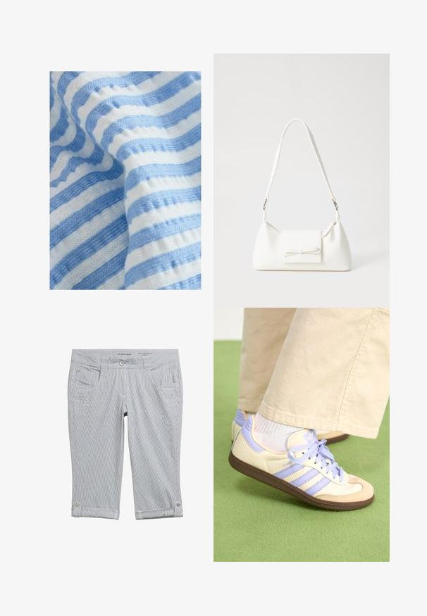 Gestreifter Stoff mit abwechselnd hellblauen und weißen Streifen, strukturiert mit einem gewellten Muster, aus weichem Strickmaterial und leichtem Fall.; Gestreifte Capri-Hosen in Hellgrau und Weiß. Verfügt über einen Knopfverschluss, vier Taschen und umgeschlagene Säume mit Knopfdetails. Weicher Stoff.; Cremefarbene und lavendelfarbene Sneakers mit drei Streifen und einer strukturierten braunen Sohle, ausgestattet mit Schnürsenkeln und einer gepolsterten Ferse. Obermaterial aus weichem Stoff.; Weiße synthetische Handtasche in dreieckiger Form, flache Vorderklappe und Schleifendetail, verstellbarer Trageriemen, glatte Textur und minimalistisches Design.