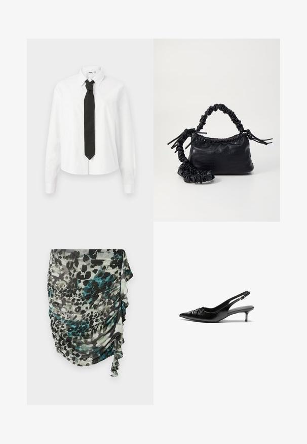 Bílá košile s dlouhým rukávem, se strukturálním límečkem a černou kravatou, vyrobená z hladkého bavlněného materiálu se zapínáním na knoflíky.; Zvrásněná, lehká sukně v odstínech zelené, černé a šedé s leopardím potiskem a volánkovými detaily po straně.; Černé kožené lodičky na slingback s špičatou špičkou, malým podpatkem typu kitten a ozdobným uzlem na přední straně. Hladký povrch po celém obvodu.; Černá kabelka z umělé kůže s krokodýlím vzorem, staženým vrškem a zmačkaným popruhem. Zdá se, že má měkký a kompaktní design.