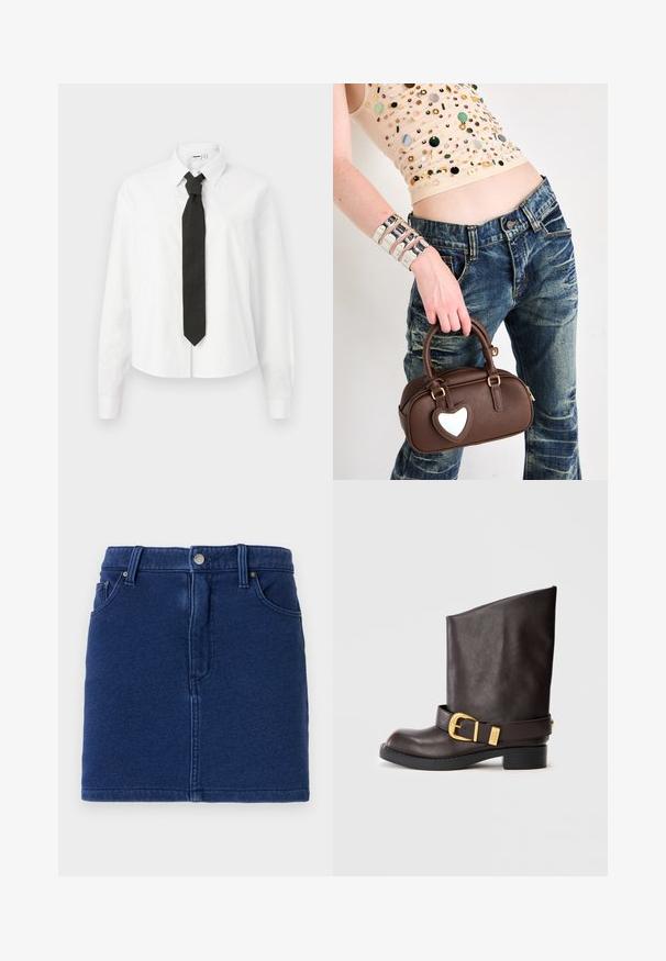 Camicia bianca a maniche lunghe con colletto strutturato e cravatta nera, caratterizzata da una texture in cotone liscio e un design con bottone frontale.; Gonna di jeans blu intenso con design aderente, chiusura a bottoni frontale e due tasche laterali. Presenta cuciture visibili e orlo dritto.; Stivale in pelle marrone scuro a metà polpaccio con suola nera, tacco basso e cinturino decorativo in oro attorno alla caviglia, visto di lato.; Borsa in pelle marrone con un accento a forma di cuore, design arrotondato, accessori in metallo dorato, tenuta da una mano; abbinata a jeans distressed e a una maglietta con perline.