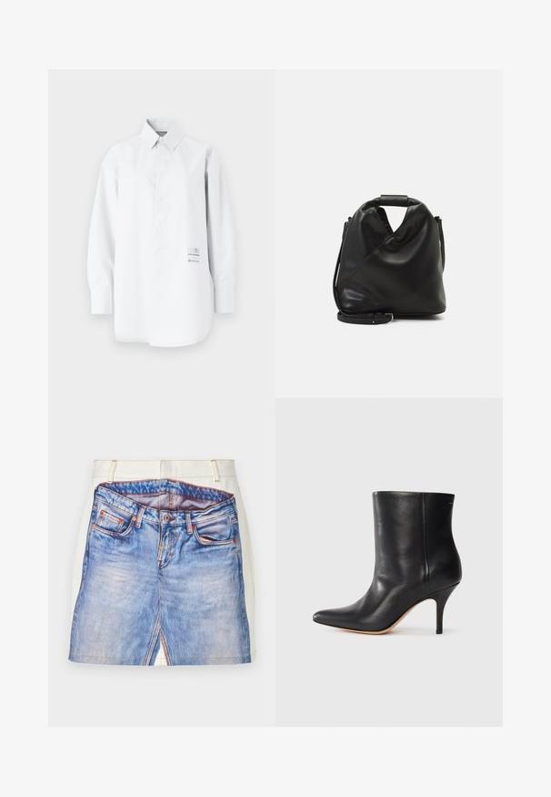 Valge pikakä sleeve shirt, mis on valmistatud kerge kangast; omab nööpidega krae, lõdva istuvuse ja trükitud logo detaili külgedel.; Lühike teksaseeliku disain, millel on trükitud sinine teksakangas, valge pingutuspael, oranž õmblemine ja külgsildu omadused.; Must musta jalatsid terava ninaga, õhukese stiletto kontsaga ja siledast nahast. Minimalistlik disain ilma nähtava riistvarata või aksessuaarideta.; Must ja pehme nahast kott, millel on unikaalne keerdkujuline disain. Omab lühikest kätset ja eemaldatavat õlarihma. Minimalistlik stiil.