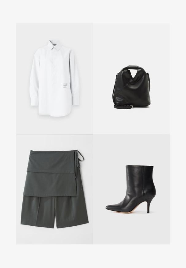 Biela košeľa s dlhými rukávmi vyrobená z ľahkého materiálu; má golier na gombíky, voľný strih a potlačené logo na boku.; Tmavošedé unisex šortky s vrstveným dizajnom, s horným panelom a viazaniami po stranách. Vyrobené z hladkej, ľahkej tkaniny.; Čierne kožené členkové topánky s špicatou špičkou, úzkym stiletto podpätkom a hladkou textúrou. Minimalistický dizajn bez viditeľných kovových prvkov alebo akcentov.; Čierna, mäkká kožená taška s jedinečným zavinutým dizajnom. Disponuje krátkym uškom a odnímateľným ramenným popruhom. Minimalistický štýl.