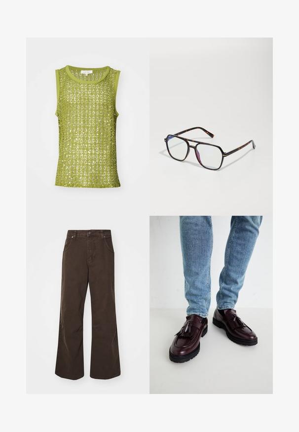 Limezaļš bez piedurknēm topiņš ar acs dizainu, papildināts ar spīguļiem, ar apaļu dekoltē un solidu apmalēm ap rokam.; Brūni plaša piegriezuma bikses, kas izgatavotas no kokvilnas, ar augstu jostasvietu, priekšējiem kabatām un gludu tekstūru. Apdare ietver smalkas šuvju detaļas.; Burgundijas ādas loaferi ar pušķiem un strukturētu virsmu, savienoti ar gaiši zilu džinsu. Redzami melni gumijas zole.; Tortoazēla raksta saulesbrilles kvadrātveida formā, ar caurspīdīgām lēcām un plāniem metāla akcentiem uz rāmja.; Burgundijas lakotas ādas crossbody soma ar taisnstūrveida formu, divām siksnām, sudraba krāsas aksesuāriem un vāku ar aizdari.; Sudraba metāla pulkstenis ar apstrādātu zilu ciparnīcu, baltām stundu atzīmēm un datuma displeju. Iespējo saistīta metāla josla un zīmola logo.
