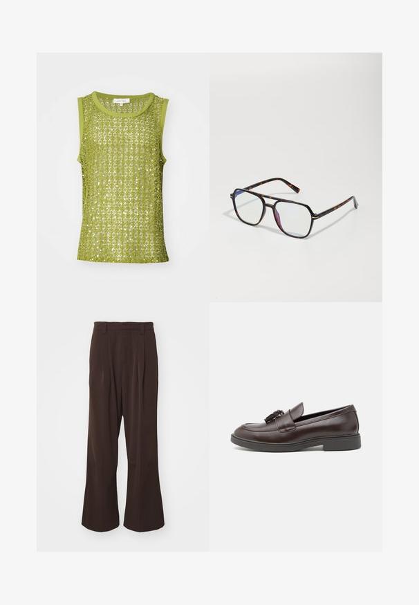 Jasnozielony bezrękawnik z siateczkowym wzorem ozdobionym cekinami, z okrągłym dekoltem i jednolitą lamówką wokół otworów na ramiona.; Brązowe spodnie szerokie nogawki z wysokim stanem, z fałdami z przodu i pętelkami na pasek, wykonane z gładkiego, lekkiego materiału.; Brązowe skórzane mokasyny z zaokrąglonym noskiem, dekoracyjnym chwostem, szytymi detalami i niskim gumowym obcasem dla dodatkowego komfortu.; Okulary przeciwsłoneczne w wzór żółwia, o czworobocznym kształcie, z przezroczystymi soczewkami i cienkimi metalowymi akcentami na ramie.; Srebrny zegarek metalowy z satynową niebieską tarczą, białymi znacznikami godzin oraz wyświetlaczem daty. Posiada ogniwowy metalowy pasek i logo marki.