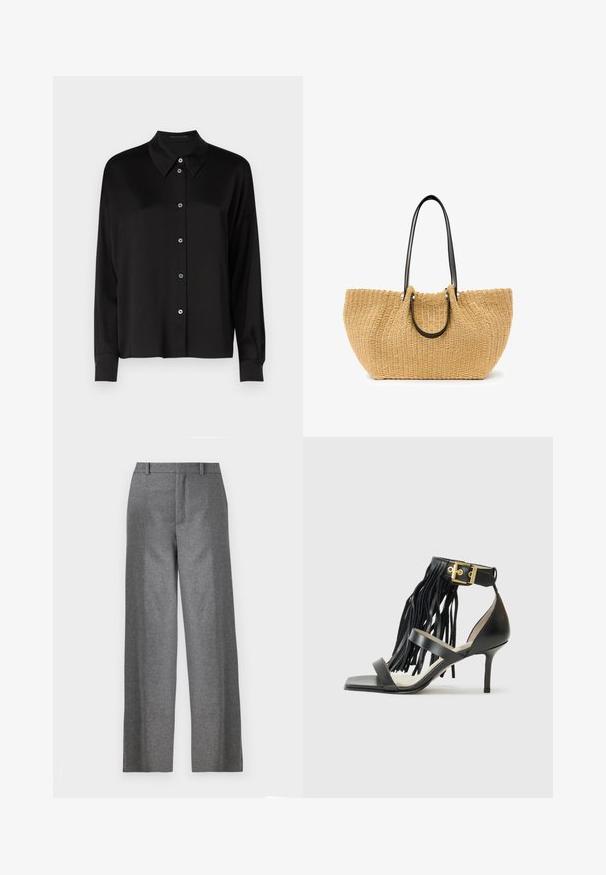 Black long-sleeve shirt with a classic collar, featuring a button-up front with blue buttons and a smooth, textured fabric.; Gray, tailored trousers with a straight-leg cut, made from textured fabric. Features a flat front, belt loops, and side pockets.; Black high-heeled sandal with fringed detail, ankle strap featuring gold hardware, flat square toe, and two crossing straps across the vamp.; Woven straw tote bag in beige, featuring black leather handles and silver hardware. Spacious, curved shape with textured surface.