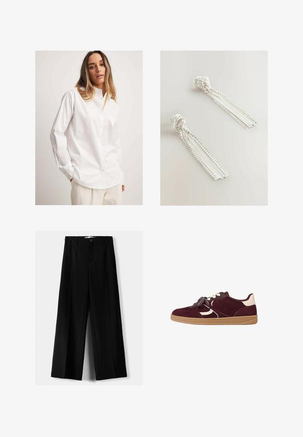 Hvid skjorte med knapper lavet af glat stof, med krave, lange ærmer og en afslappet pasform, parret med teksturerede lyse bukser.; Sort stribet korset-top med et struktureret design, der har en foldet halsudskæring og glat tekstur. Stoffet ser robust og skræddersyet ud.; Sorte brede bukser lavet af letvægtsstof, med frontknaplukning og glat front, samt pænt syede kanter.; Bordeaux ruskindsneaker med hvide accenter, struktureret detaljering, tykk gummisål og mønstrede snørebånd for en sikker pasform.; Sølvkvast øreringe har et detaljeret perledesign med hængende strenge af fin kæde og en knyttet accent øverst.