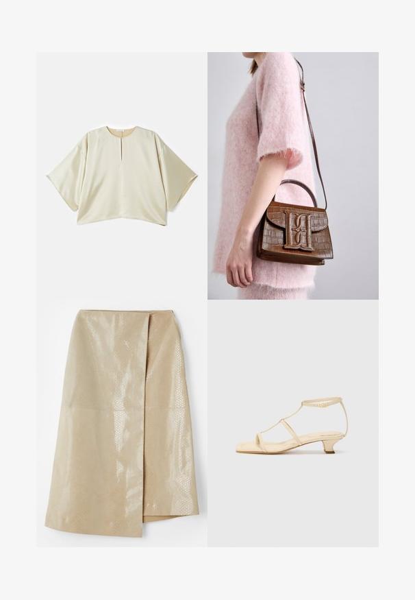 Beige oversized blouse met een ronde halslijn, korte brede mouwen en een split aan de voorkant in het midden. Glad, iets glanzend materiaal met een losse pasvorm.; Beige nepleer rok met een glanzend, gestructureerd slangenhuidpatroon; beschikt over een wikkelontwerp en een zijsplit voor extra detail.; Beige haksandalen met een T-veterontwerp, vierkante neus, verstelbare enkelsluiting en een lage blokhak. Gemaakt van glad leer.; Bruine handtas met krokodillenembossing, met een bovenste handvat en schouderriem. Kenmerkt zich door een opvallend logo op de voorflap. Zachte textuur.