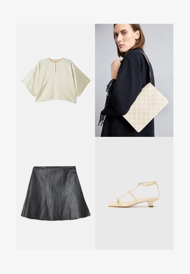 Beige oversized blouse with a round neckline, short wide sleeves, and a front center slit. Smooth, slightly shiny fabric with a loose fit.; Black leather skirt with a flared design, featuring vertical seams and a smooth texture. Simple waistband and no visible hardware.; Beige heeled sandals with a T-strap design, square toe, adjustable ankle strap, and a low, block heel. Smooth leather material.; Beige patterned shoulder bag with a structured shape, featuring a brown textured strap. Worn on a model against a gray background.