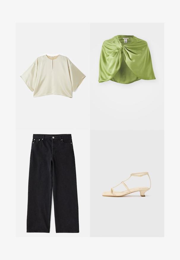 Beige oversized blouse with a round neckline, short wide sleeves, and a front center slit. Smooth, slightly shiny fabric with a loose fit.; Black denim wide-leg jeans with five pockets, button closure, and silver hardware. Features a clean, tailored silhouette and subtle texture.; Beige heeled sandals with a T-strap design, square toe, adjustable ankle strap, and a low, block heel. Smooth leather material.; Green satin cape with draped front design, gathered at the center, smooth texture, short length, and a rounded neckline.
