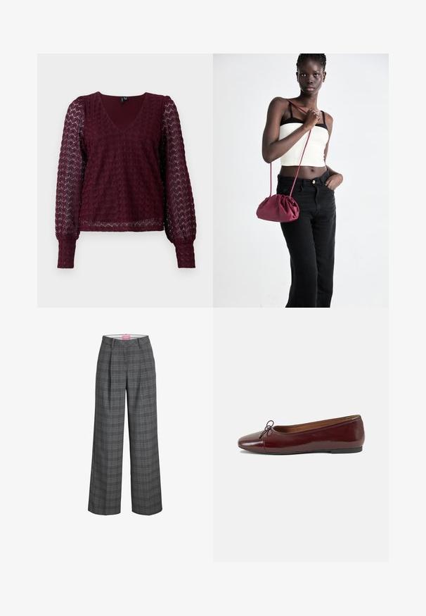 Long-sleeve burgundy lace blouse with V-neck, puffed sheer sleeves, and textured geometric pattern on body and sleeves.; Gray plaid wide-leg trousers with a high waistband, featuring front pleats and a smooth texture. Label visible inside waistband.; Burgundy patent leather ballet flat with a rounded toe, small bow accent at the front, and a low, black rubber sole. Smooth texture.; Burgundy soft fabric handbag with a gathered design and a long strap, worn crossbody. Model wears a white crop top and black jeans.