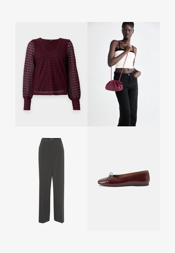Bordowa bluzka z długim rękawem, koronki, z dekoltem w kształcie litery V, z bufiastymi przezroczystymi rękawami oraz teksturowanym geometrycznym wzorem na korpusie i rękawach.; Szare spodnie dopasowane z gładkim przodem, prostymi nogawkami, gładką fakturą i bez widocznych wzorów czy ozdób. Wysoki stan.; Bordowe baleriny z lakierowanej skóry z zaokrąglonym noskiem, małą kokardką z przodu oraz niską, czarną gumową podeszwą. Gładka tekstura.; Burgundowa torba na ramię z miękkiego materiału, z marszczonym wzorem i długim paskiem, noszona na krzyż. Modelka nosi białą bluzkę crop top i czarne dżinsy.
