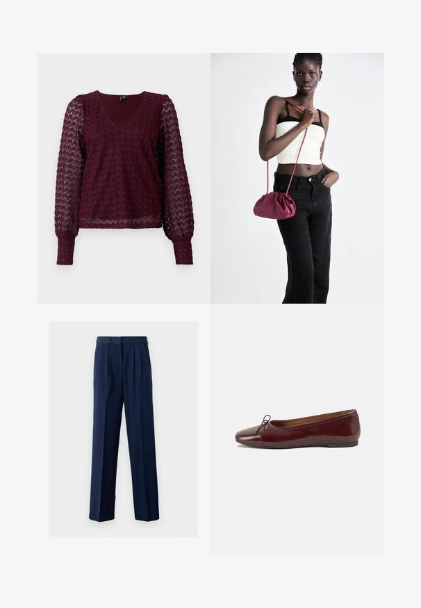 Burgundy pitkähihainen pitsipaita, jossa V-pääntie, puffi läpinäkyvät hihat ja teksturoitu geometrinen kuvio vartalon ja hihojen osalta.; Tummansininen räätälöity housut, joissa on pleatit, suorat lahkeet ja kevyestä kankaasta valmistettu. Varustettu vyötäröllä, jossa on vyölenkit.; Burgundin värinen lakattu nahkainen ballerinatossu pyöreällä varvaskärjellä, pienen nauhan yksityiskohdalla edessä ja matalalla mustalla kumipohjalla. Sujuva pinta.; Burgundi pehmeast kangast käekott, millel on kortsuline disain ja pikk rihm, kantud üle rinna. Modell kannab valget lühikest toppi ja musti teksaseid.