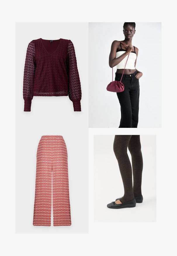 Ilga rankovė burgundiško atspalvio nėriniuota bluzonė su V formos iškirpte, pūstomis permatomomis rankovėmis ir tekstūruotu geometriniu raštu ant kūno ir rankovių.; Raudonos raštuotos kelnės kniedėmis su deimanto dizainu, elastinga juostele ir plačiomis kojinėmis, užtikrinančiomis komfortą ir laisvę judėti.; Juodos plokščios bateliai su maža kaspinėlio detale prie pirštų, derinami su tamsiai rudos spalvos raukšlėtomis pėdkelnėmis. Bateliai turi lygų paviršių ir žemą profilį.; Bordo minkštas audinys rankinukas su susiraukšlėjimu ir ilgu dirželiu, dėvimas per kūną. Modelis vilki baltą trumpą palaidinę ir juodas džinsus.